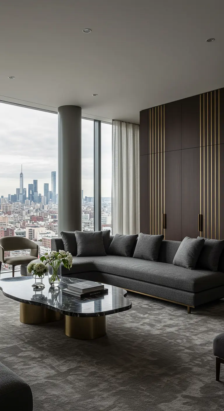 A modern apartment living room with dark wood wall panels featuring vertical brass inlays.