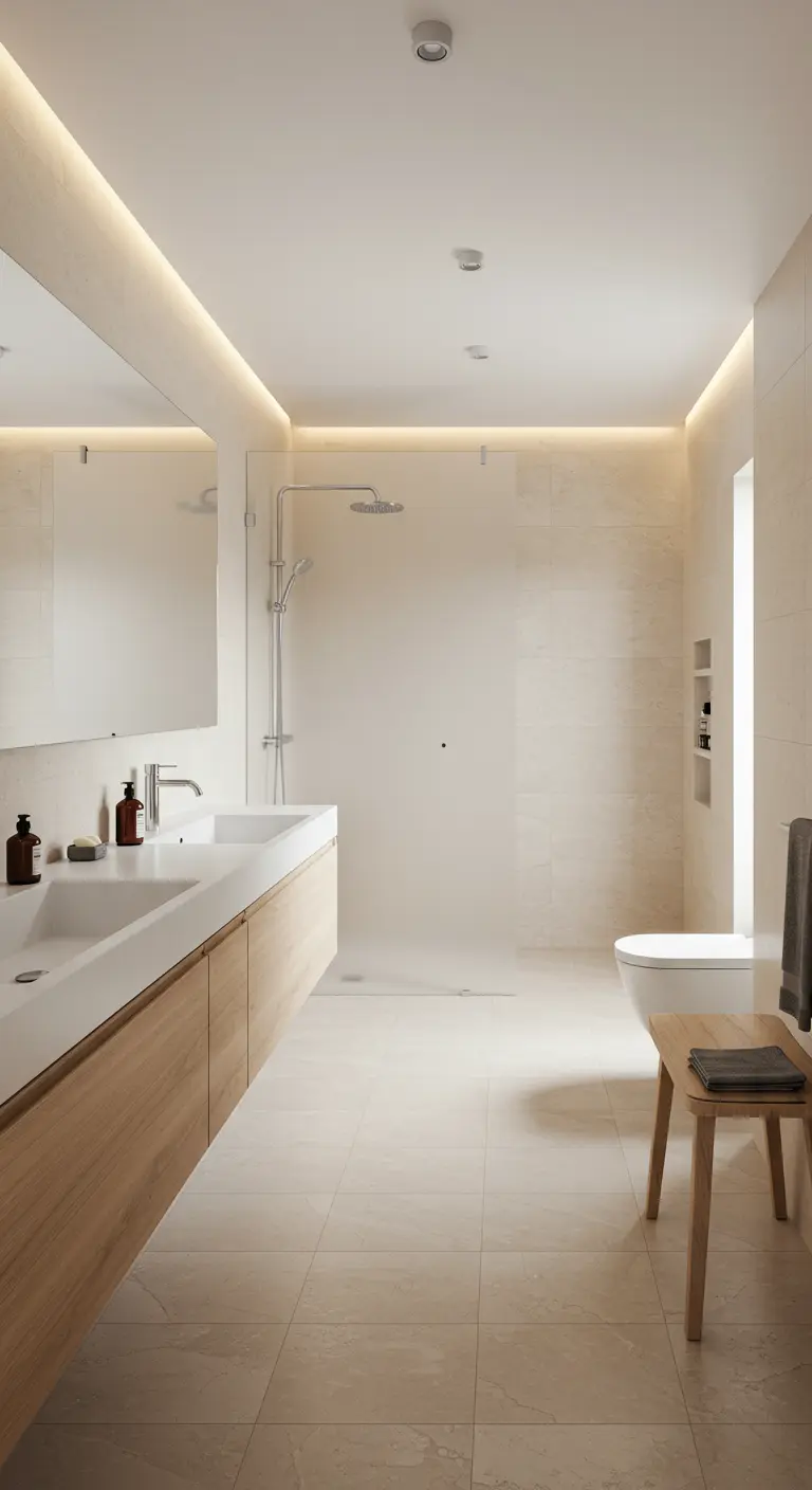 Long bathroom with warm cove lighting and a floating double vanity.