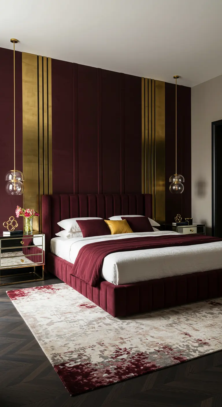 Bedroom with a burgundy velvet bed and a wall of alternating burgundy and brass vertical panels.