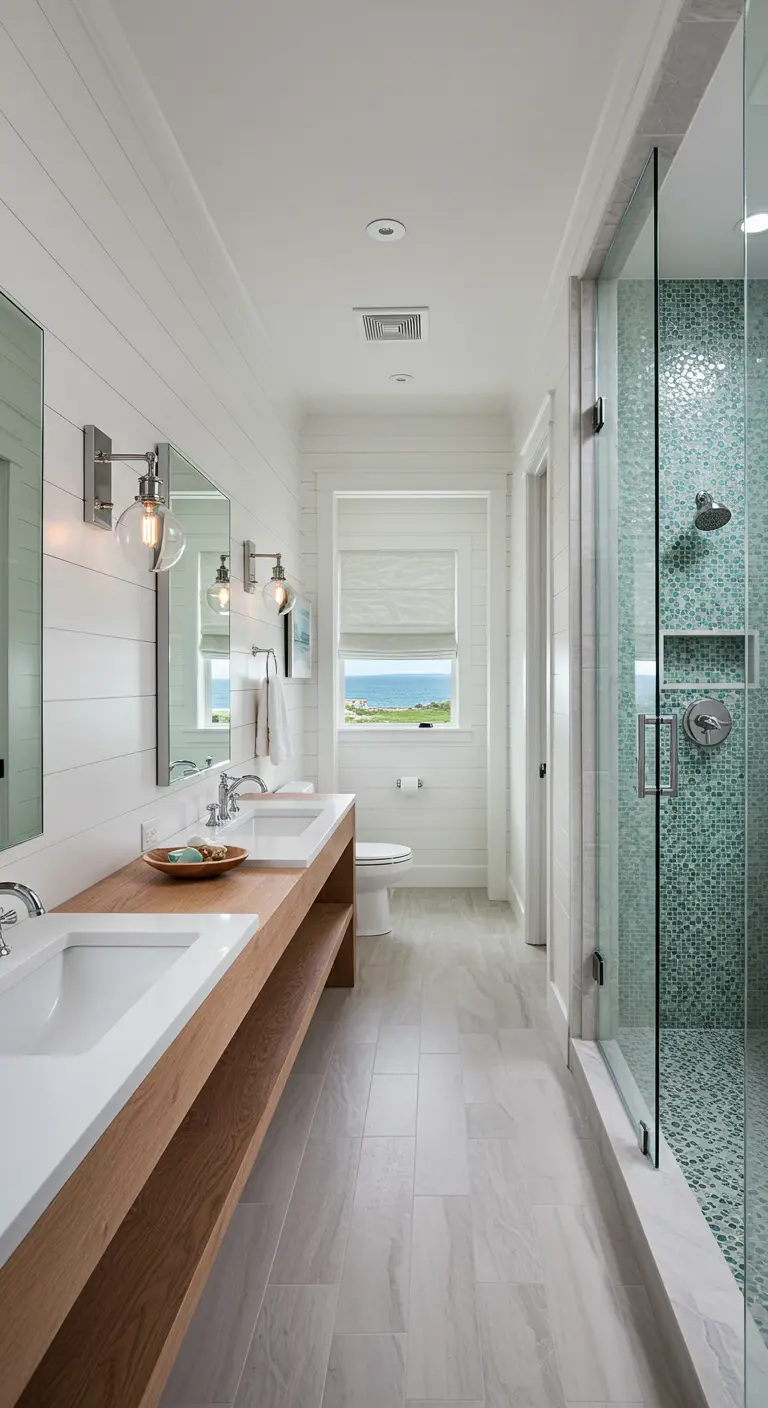 Long, narrow bathroom with white shiplap and a long floating wood vanity.