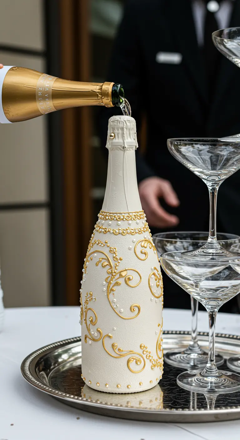 A champagne bottle decorated with intricate, hand-painted gold swirls and pearl details.