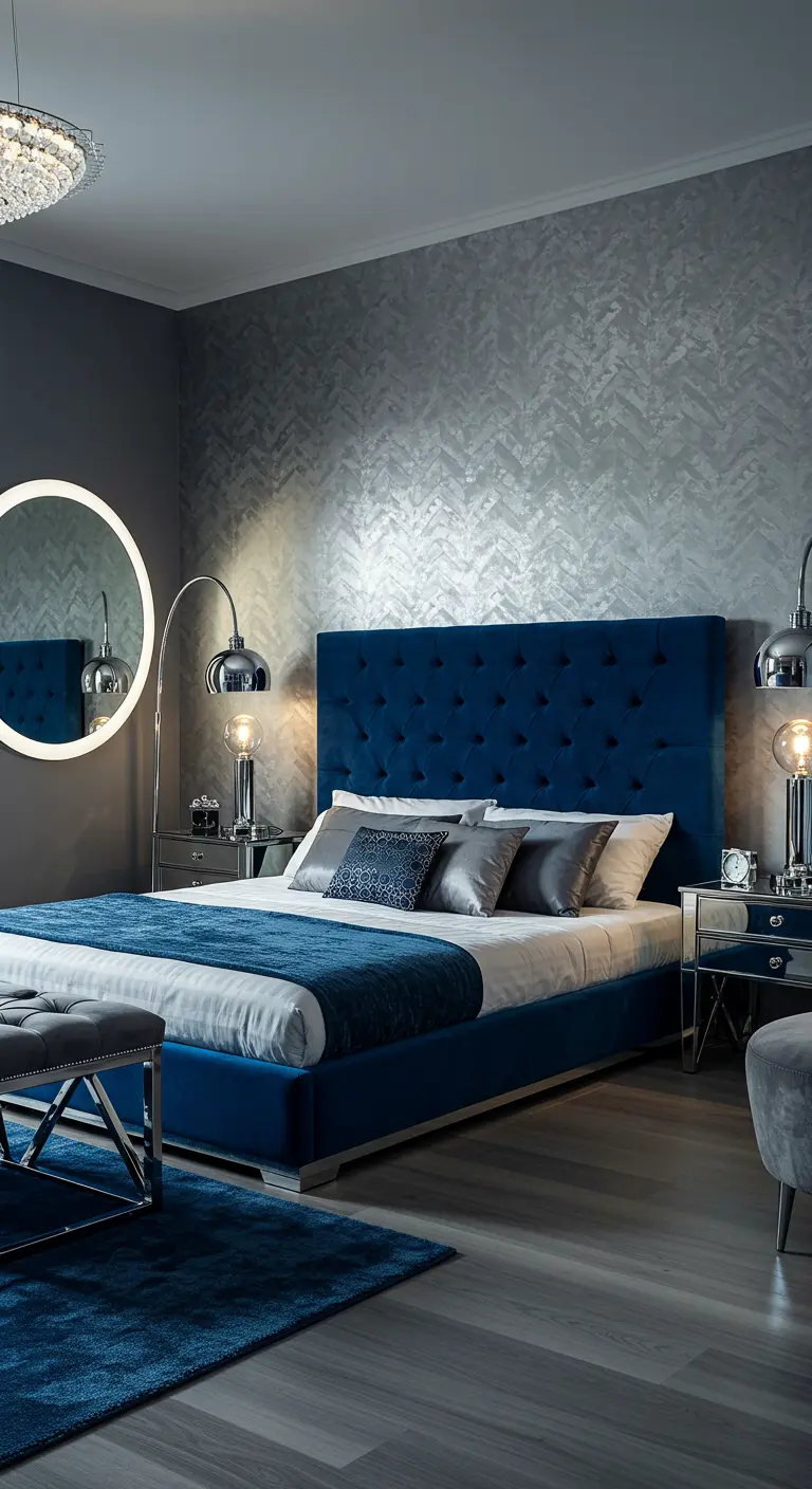 Modern Art Deco bedroom with a blue velvet bed, chrome lamps, and a backlit round mirror.