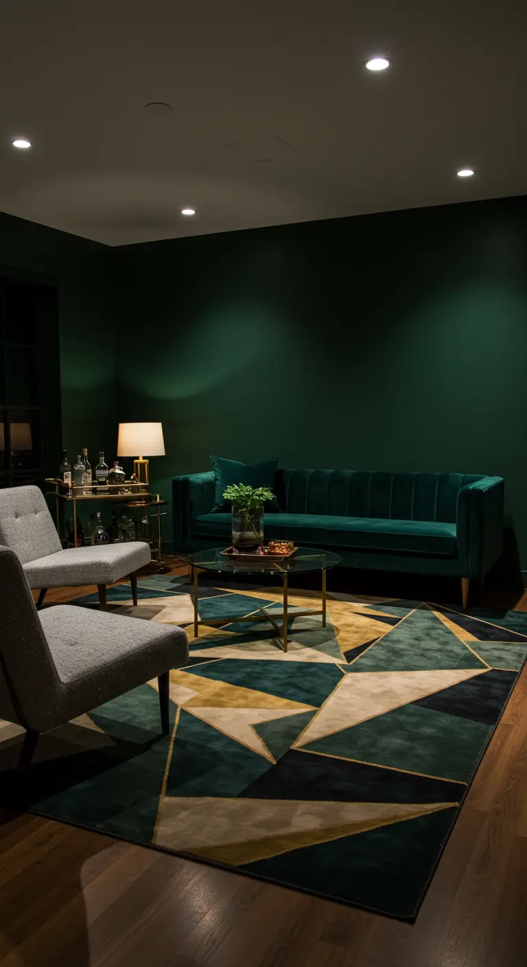 Moody living room with dark green walls, velvet sofa, and a gold and green geometric rug.