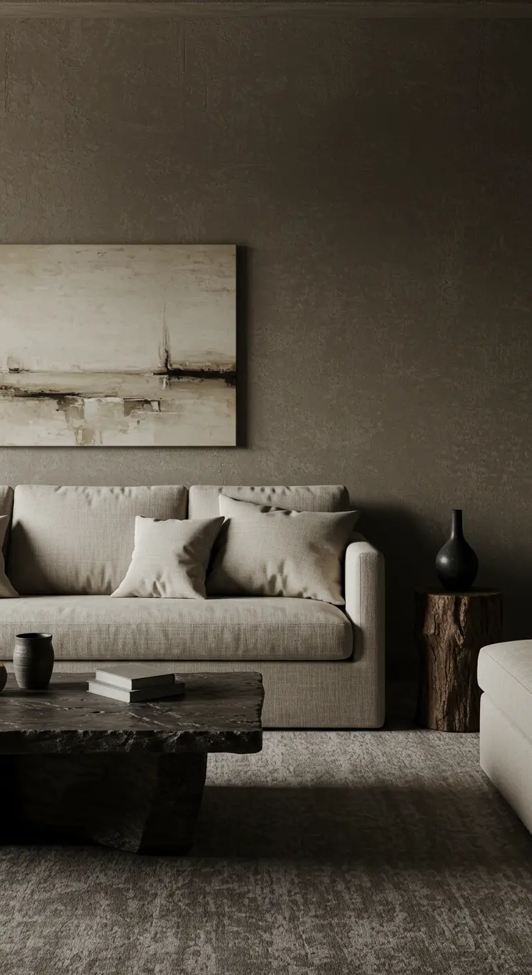 Modern living room with dark taupe textured walls, a linen sofa, and a stone coffee table.