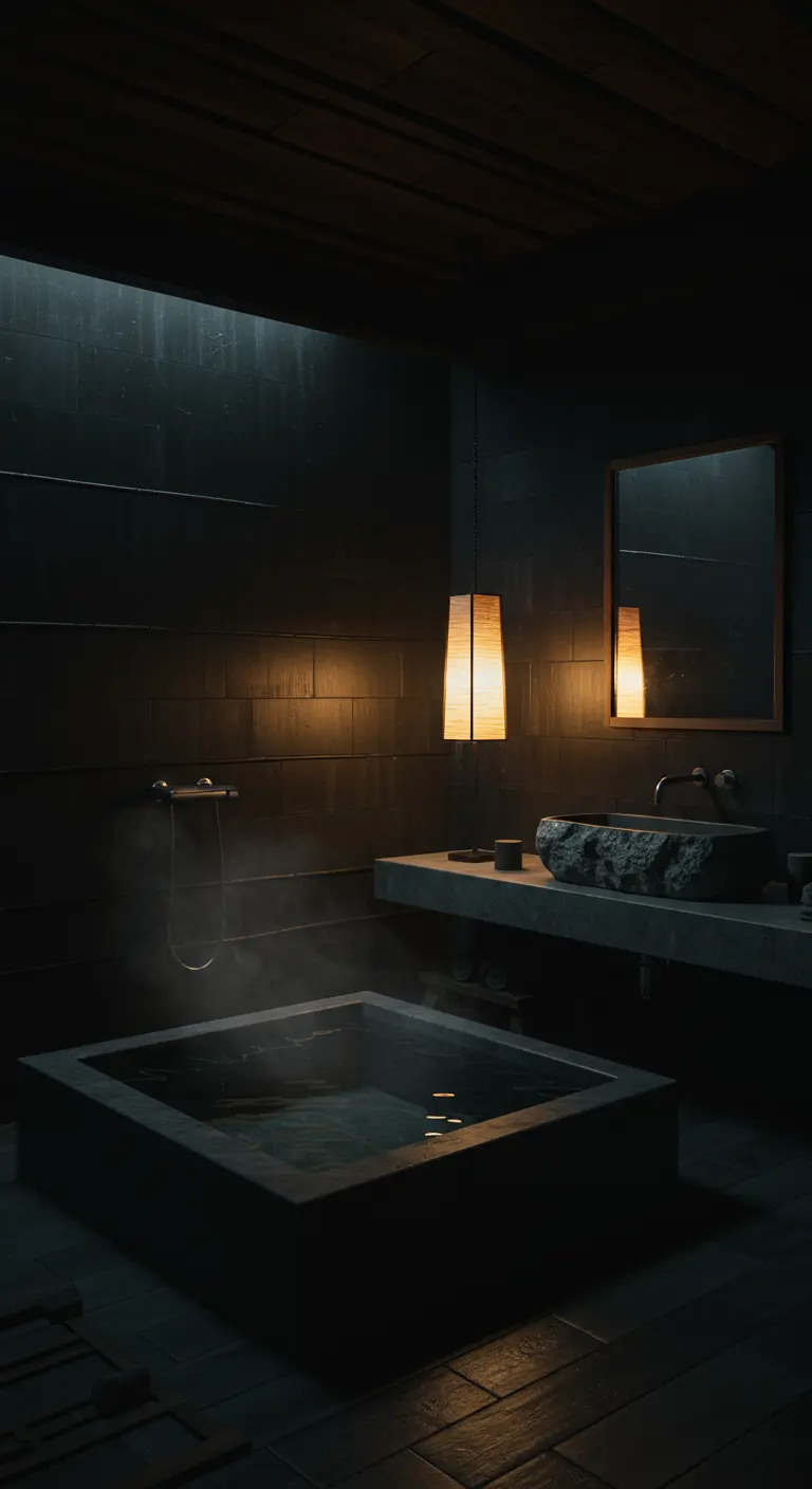 Dark, moody bathroom with a square stone soaking tub and a single pendant light over a stone basin.