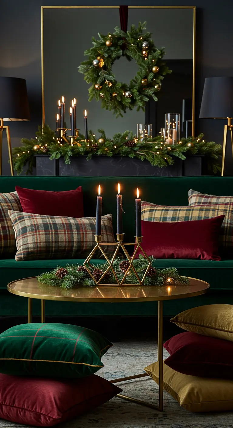 A chic living room with an emerald green sofa, plaid pillows, and black candles in a gold holder.