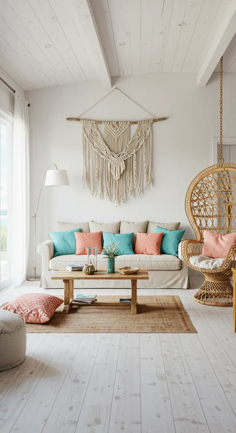 Bright, white living room with a rattan hanging chair, macramé art, and touches of coral and aqua.