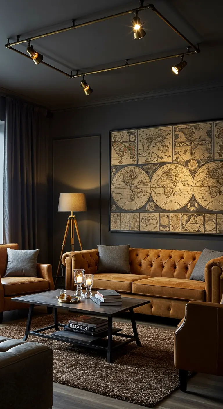A moody study with dark walls, a cognac-colored tufted sofa, and brass track lighting illuminating a large world map.