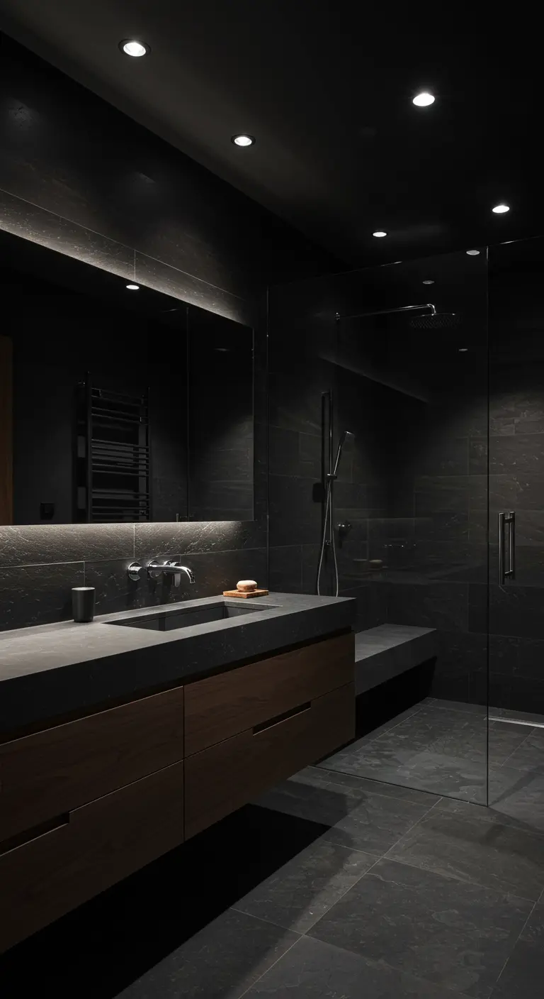 Moody dark bathroom with black slate tile and a dark wood floating vanity.