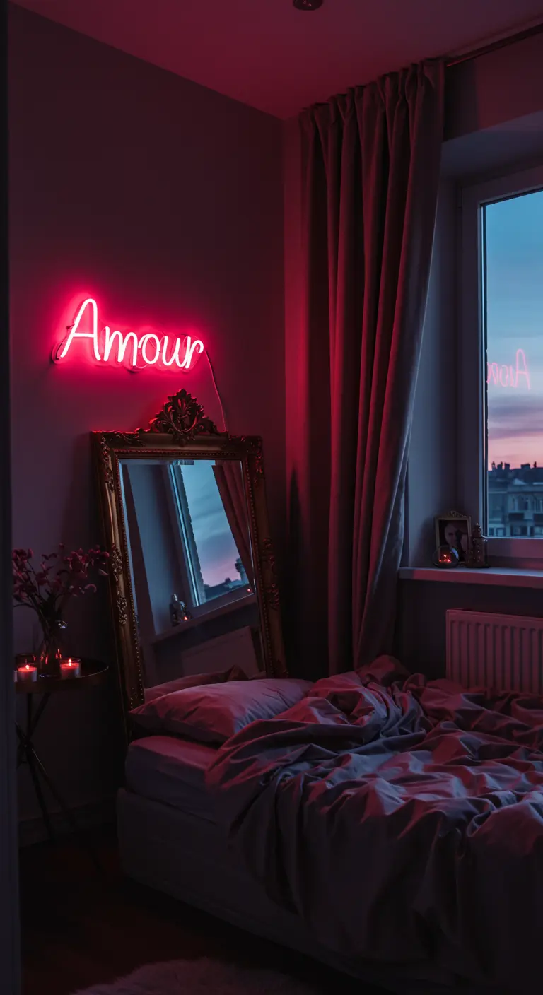 Bedroom with a pink neon sign, gold mirror, and dark curtains.