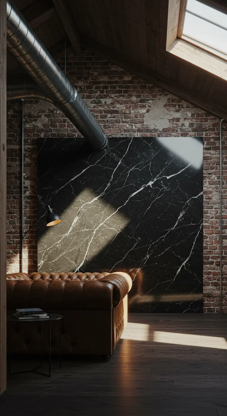 Dark loft with black marble wall, exposed brick, and a brown leather chesterfield sofa.