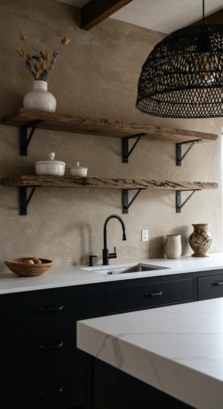 Moody kitchen with black cabinets, thick driftwood shelves, and a black woven pendant.