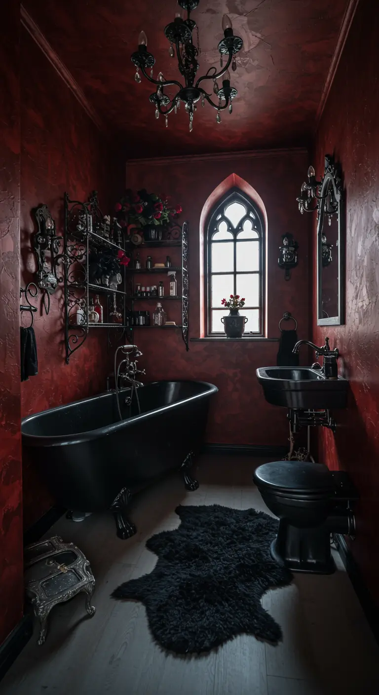 Gothic bathroom with textured red walls, black clawfoot tub, and wrought iron.