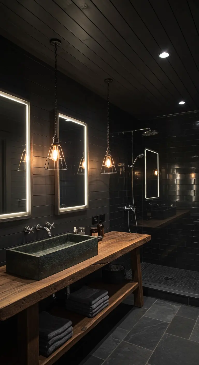 Dark, industrial farmhouse bathroom with black shiplap and wood vanity.