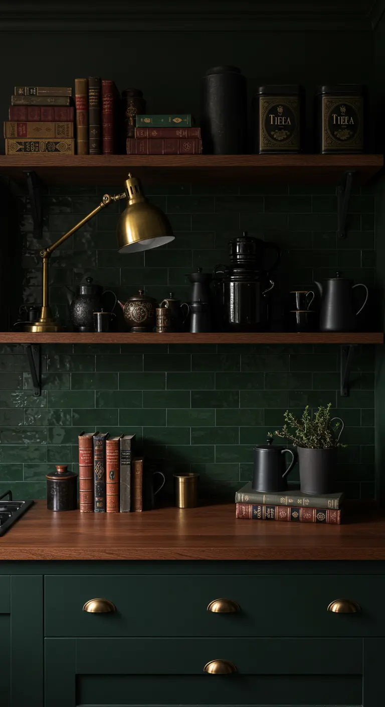 A dark green kitchen with open shelving, brass hardware, and vintage books as decor.
