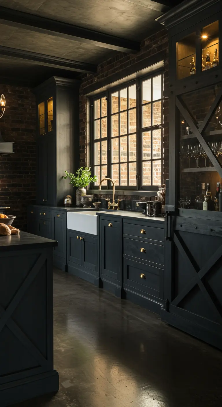 Dark, industrial kitchen with black cabinets, exposed brick, and a large steel-framed window.
