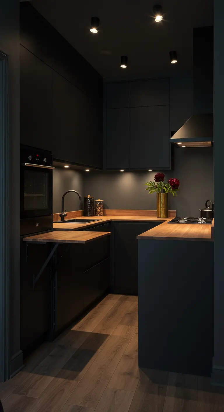 Moody all-black kitchen with wood accents and a subtle fold-down dining table.