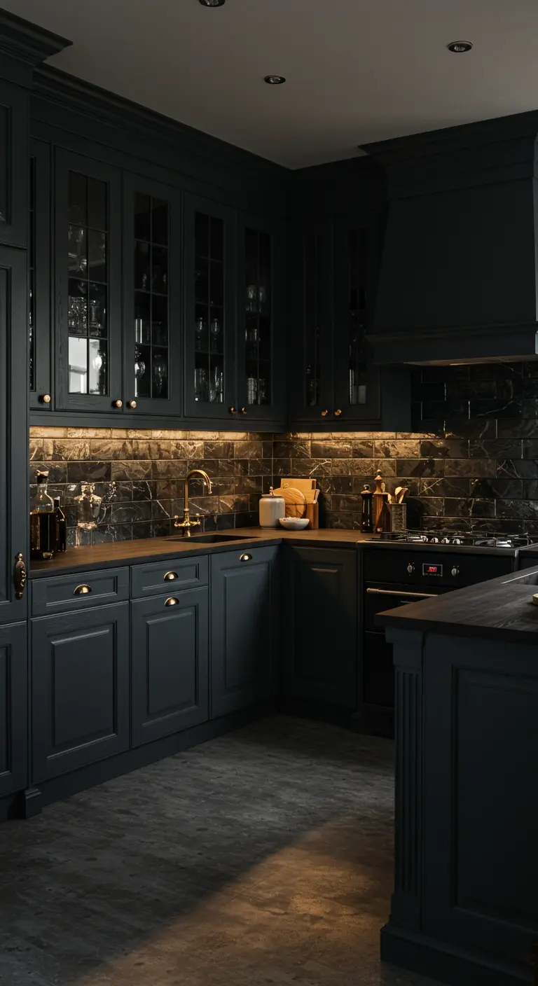 Moody black neoclassical kitchen with under-cabinet lighting and brass hardware.