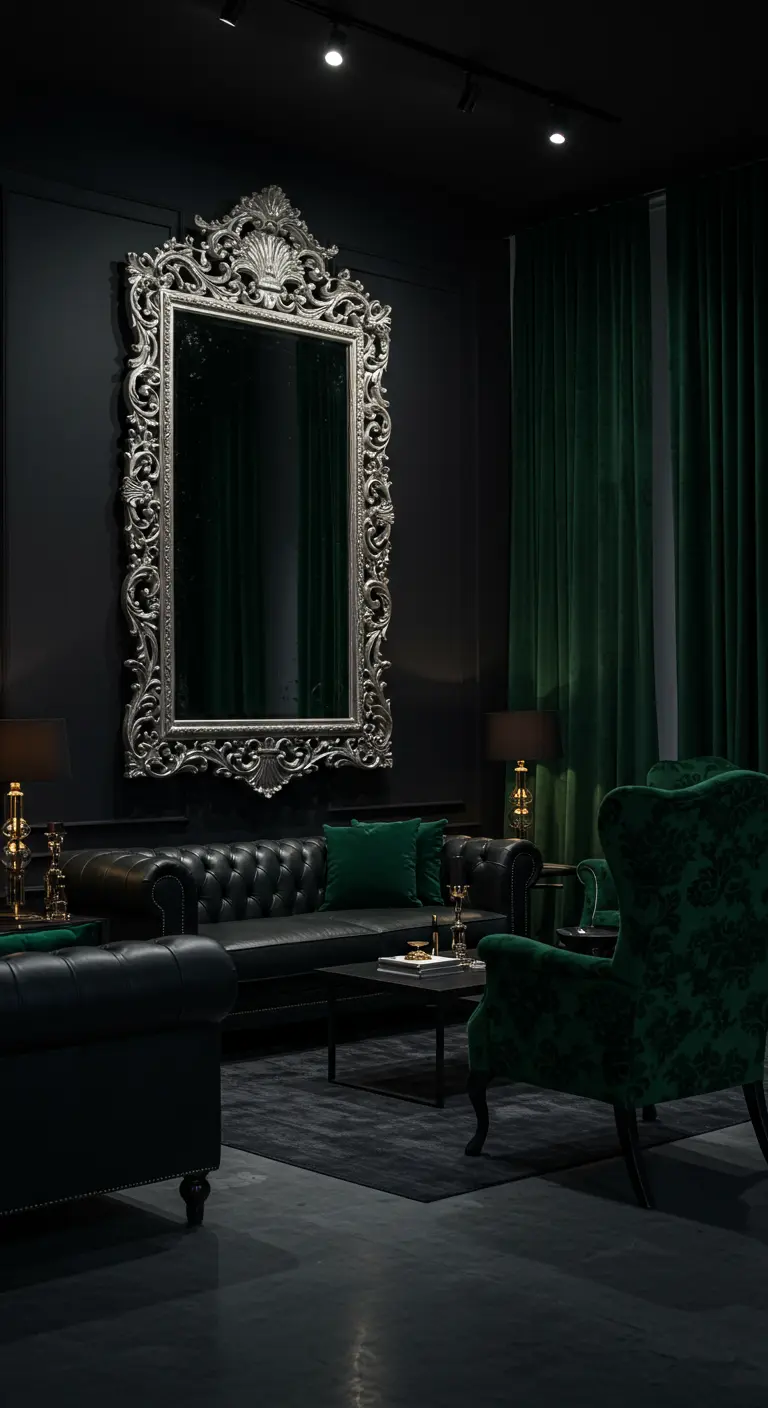 Silver ornate mirror on a black wall with a black leather sofa and emerald velvet curtains.