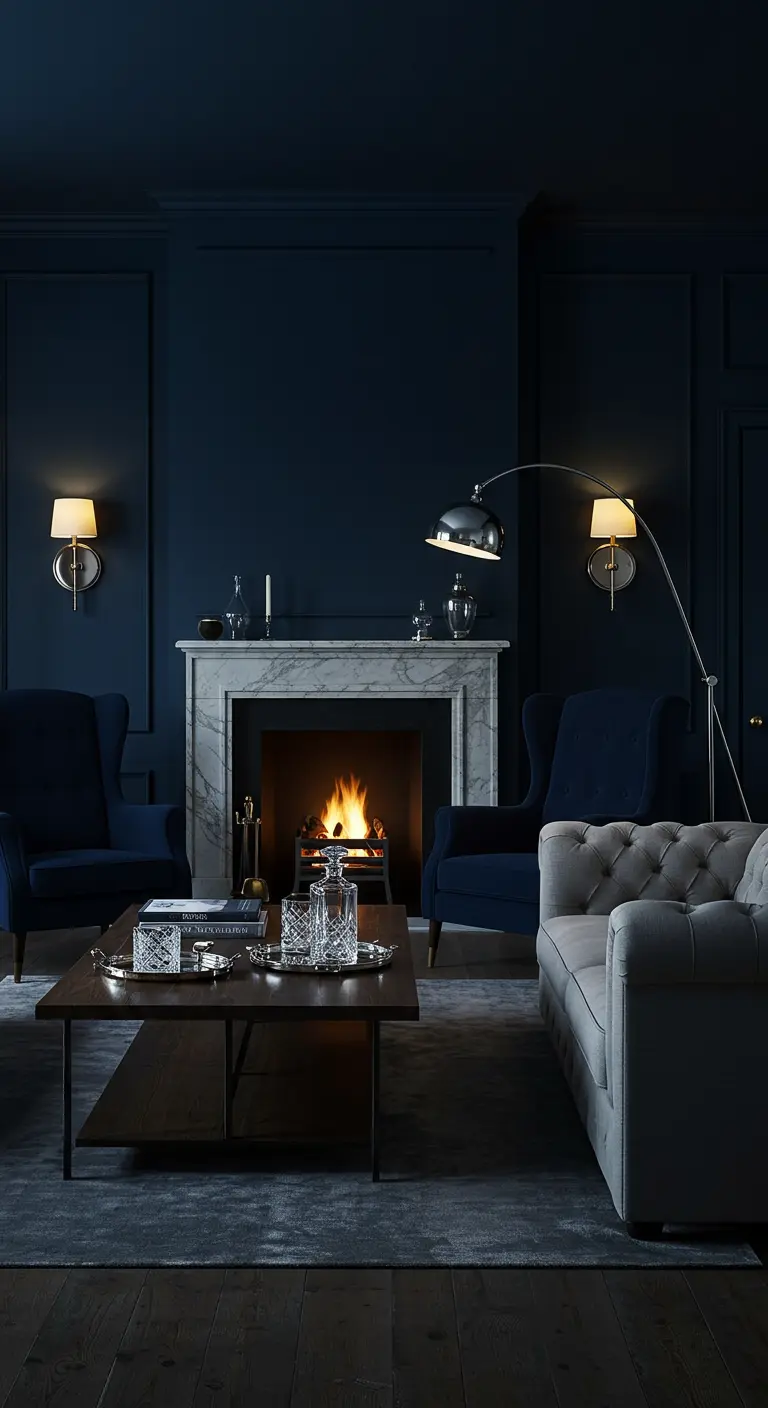 A dark, moody living room with navy walls, navy velvet chairs, and a marble fireplace.