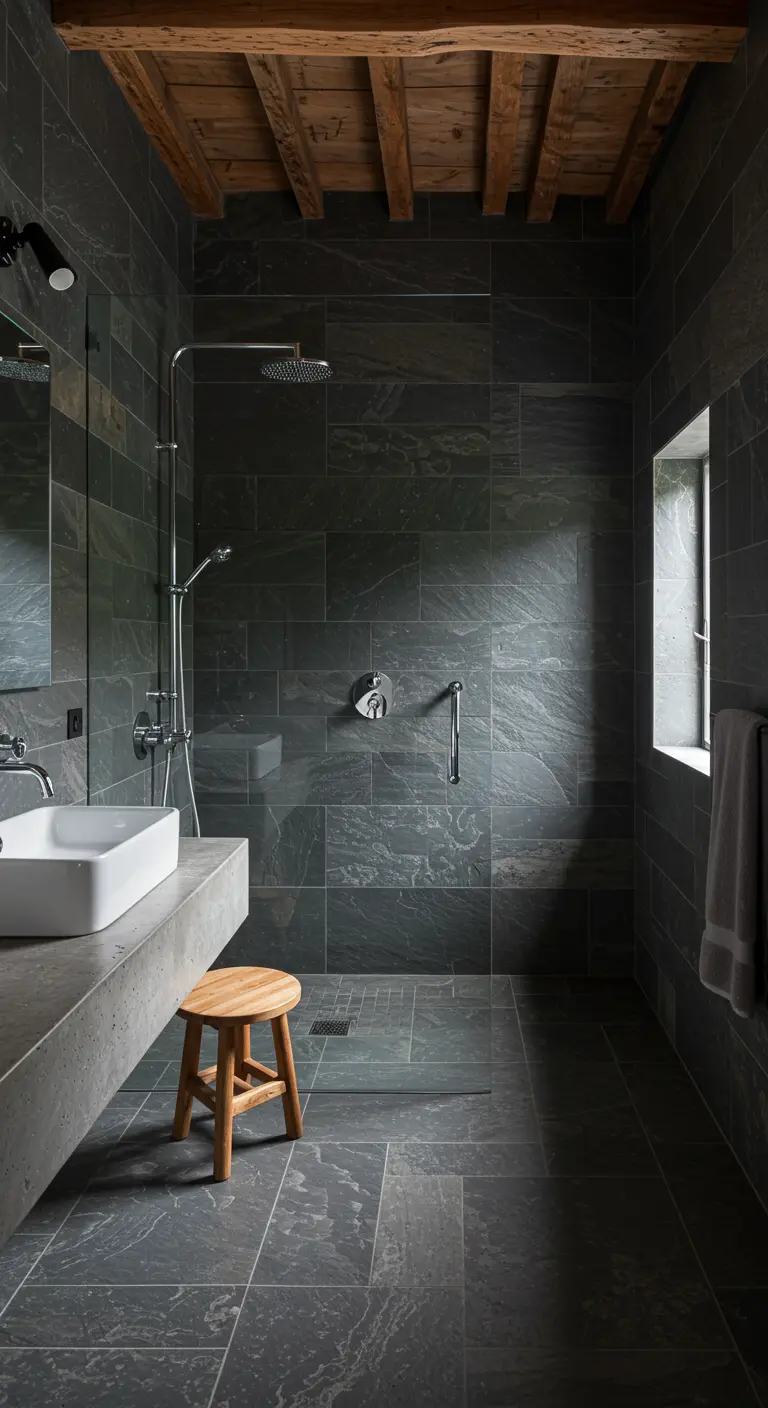 Dark slate tile bathroom with a walk-in shower, concrete vanity, and wood stool.