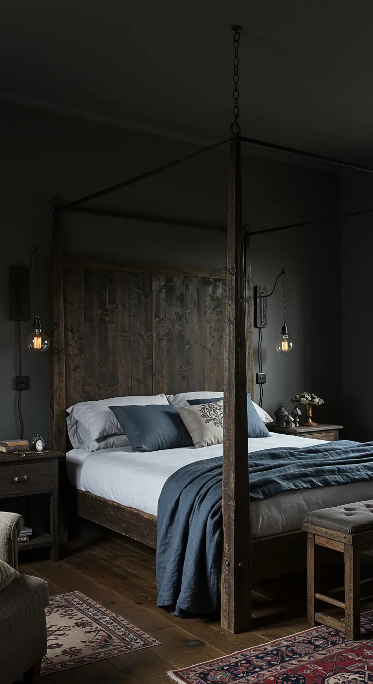 A moody, dark-walled bedroom with a rustic four-poster bed and industrial lighting.