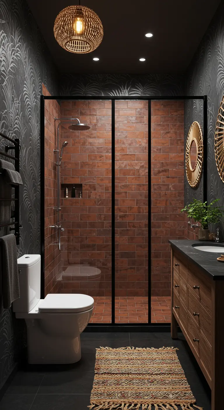 Dark bathroom with black palm frond wallpaper and a terra-cotta tiled shower.