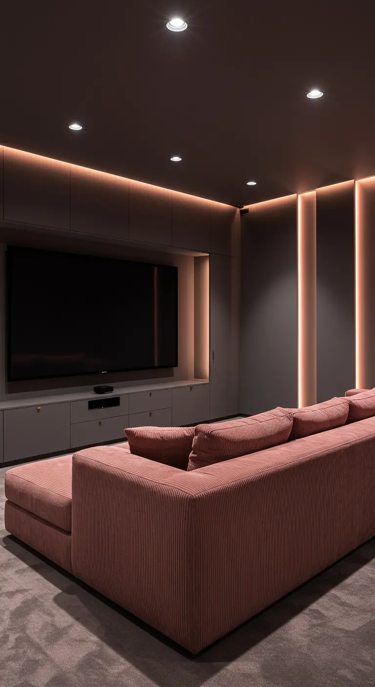 Moody home theater with a pink corduroy sofa and warm integrated LED lighting.