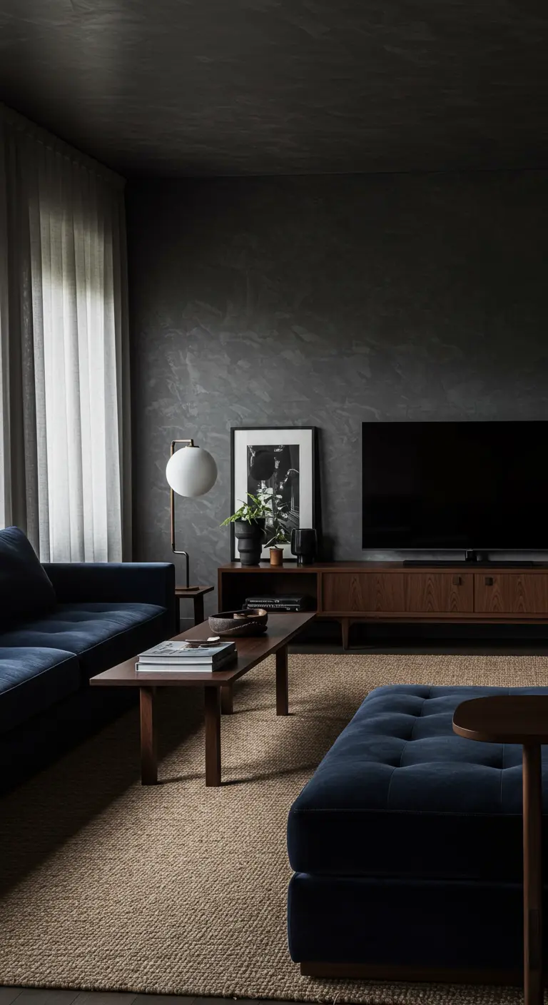 Moody living room with dark gray walls, a deep blue sofa, and a jute rug.