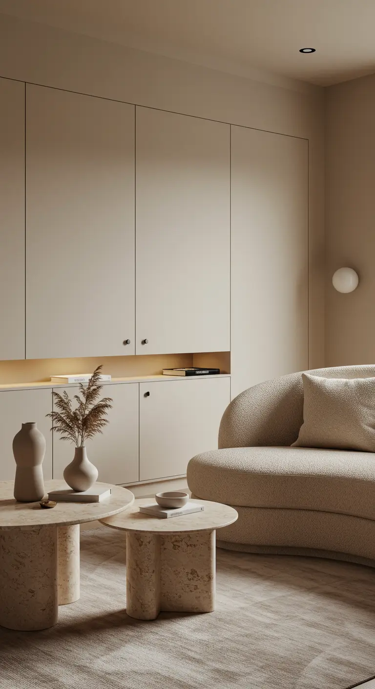 A warm beige room with matching built-in cabinets, a curved bouclé sofa, and ceramic vases.