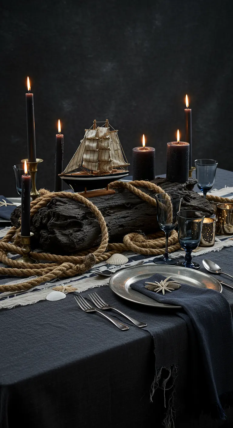 Moody nautical table with dark linen, black candles, driftwood, and a model ship.