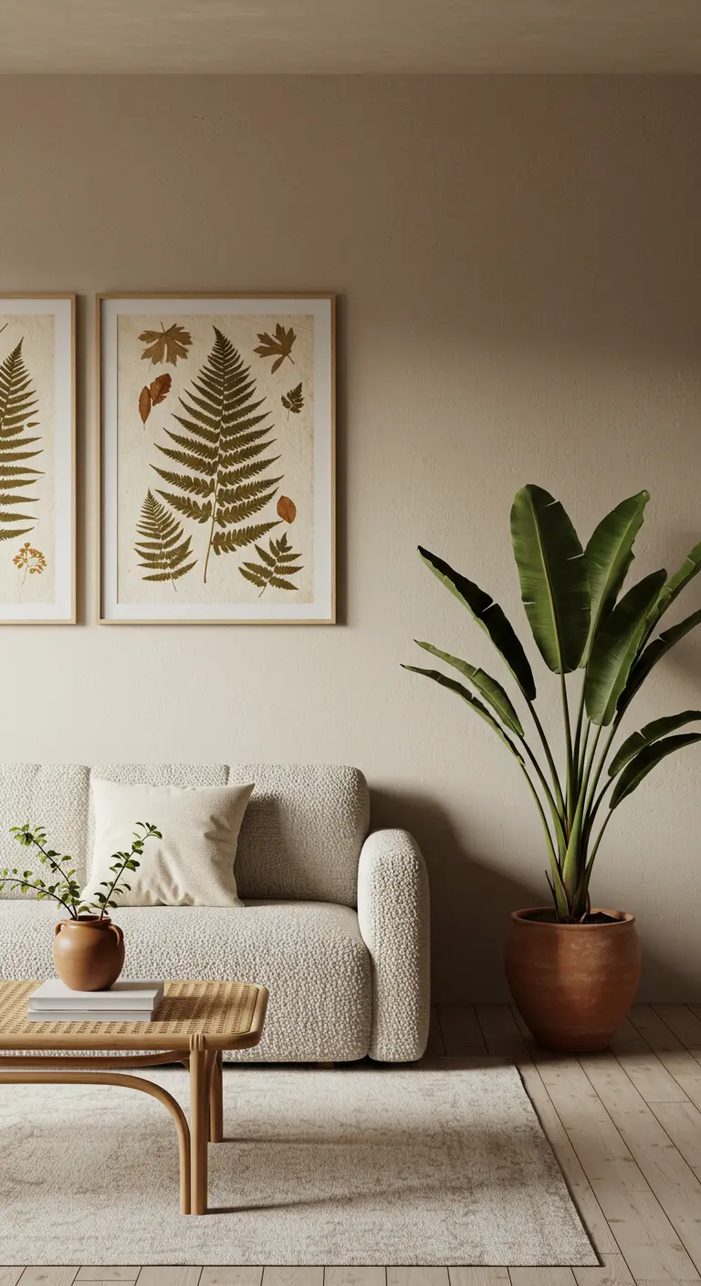 Minimalist living room with beige walls, a white bouclé sofa, and framed pressed fern art.