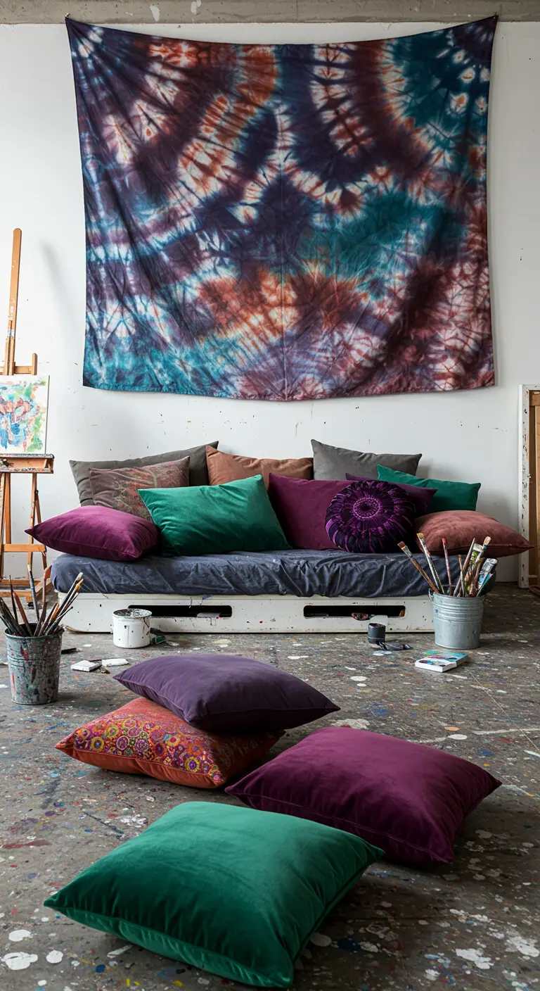 Artist's studio style room with a tie-dye tapestry, a low futon, and scattered velvet pillows.
