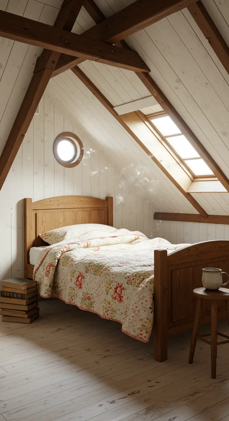 Attic bedroom with exposed wood beams and a floral quilt on a wooden bed.