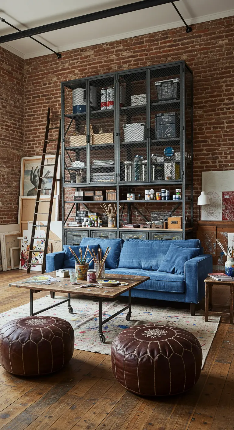 Artist's studio with exposed brick, tall mesh lockers for supplies, and leather poufs.