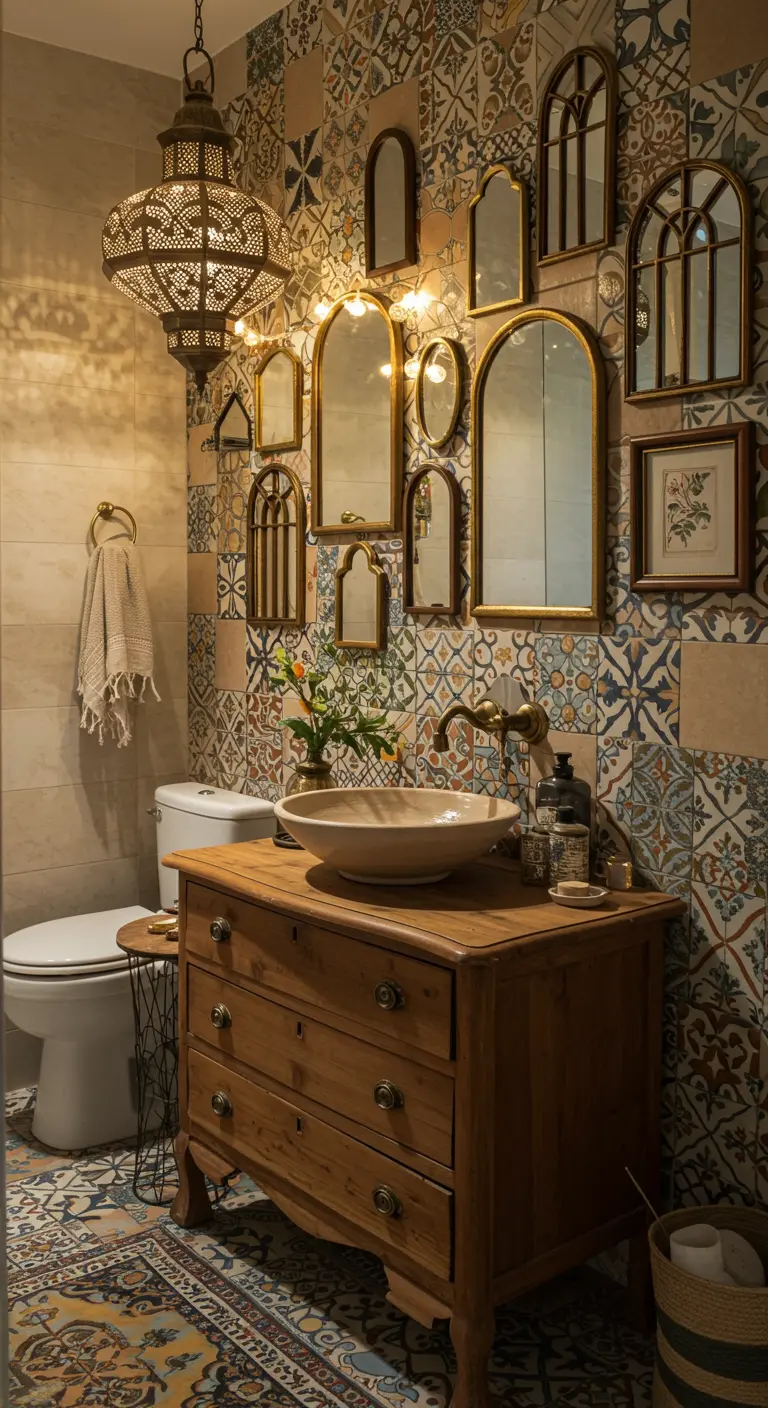 Eclectic bathroom with patchwork tiles and a gallery wall of mirrors.
