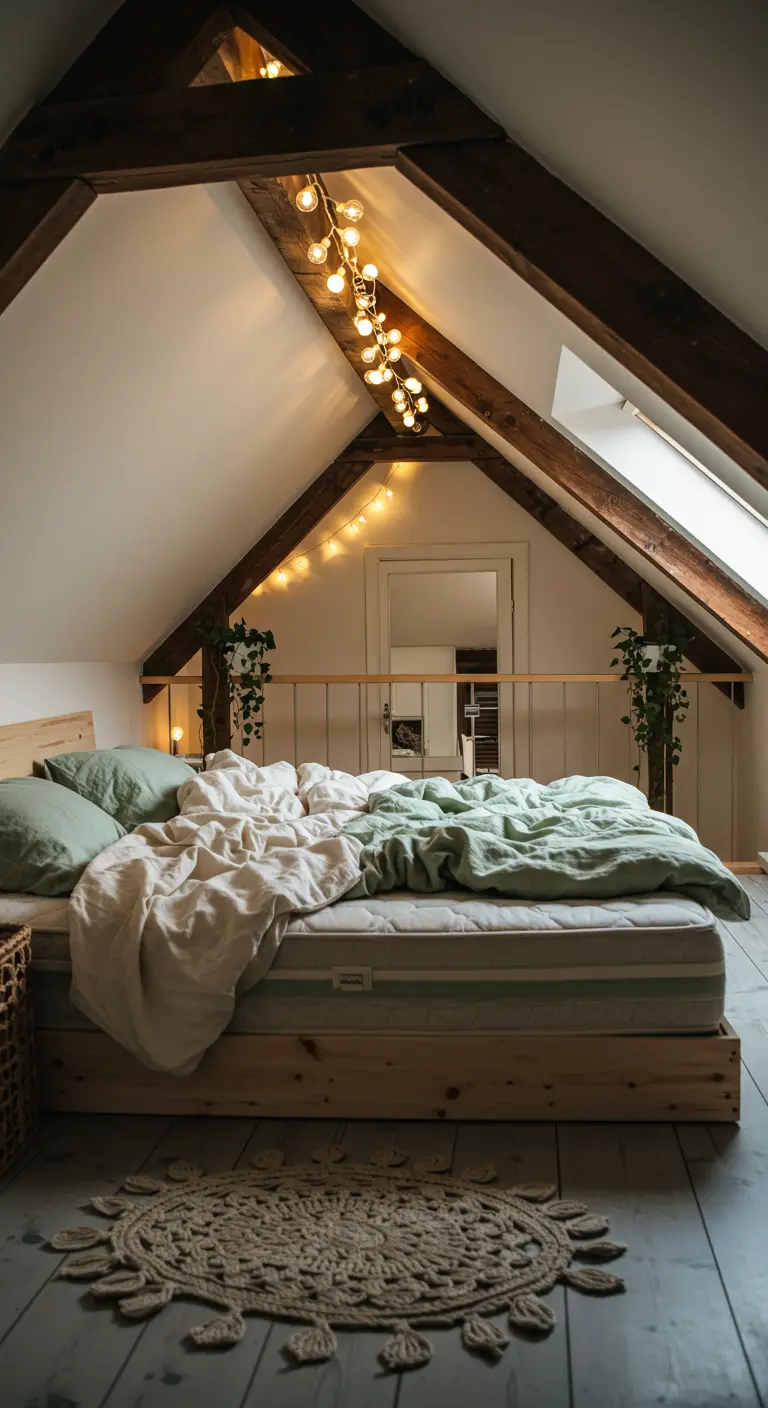 Cozy attic bedroom with exposed wood beams, string lights, and a low bed.
