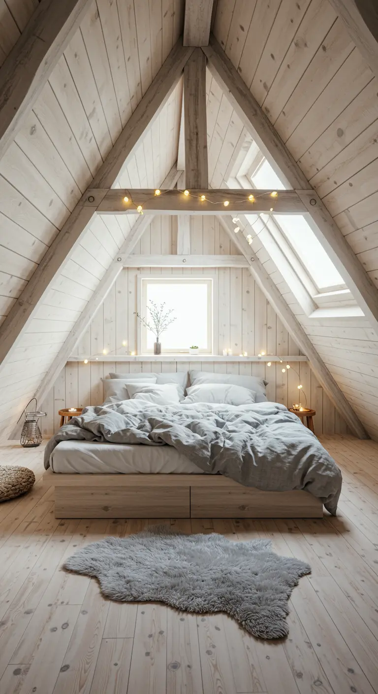 Cozy A-frame attic bedroom with whitewashed wood panels and string lights.