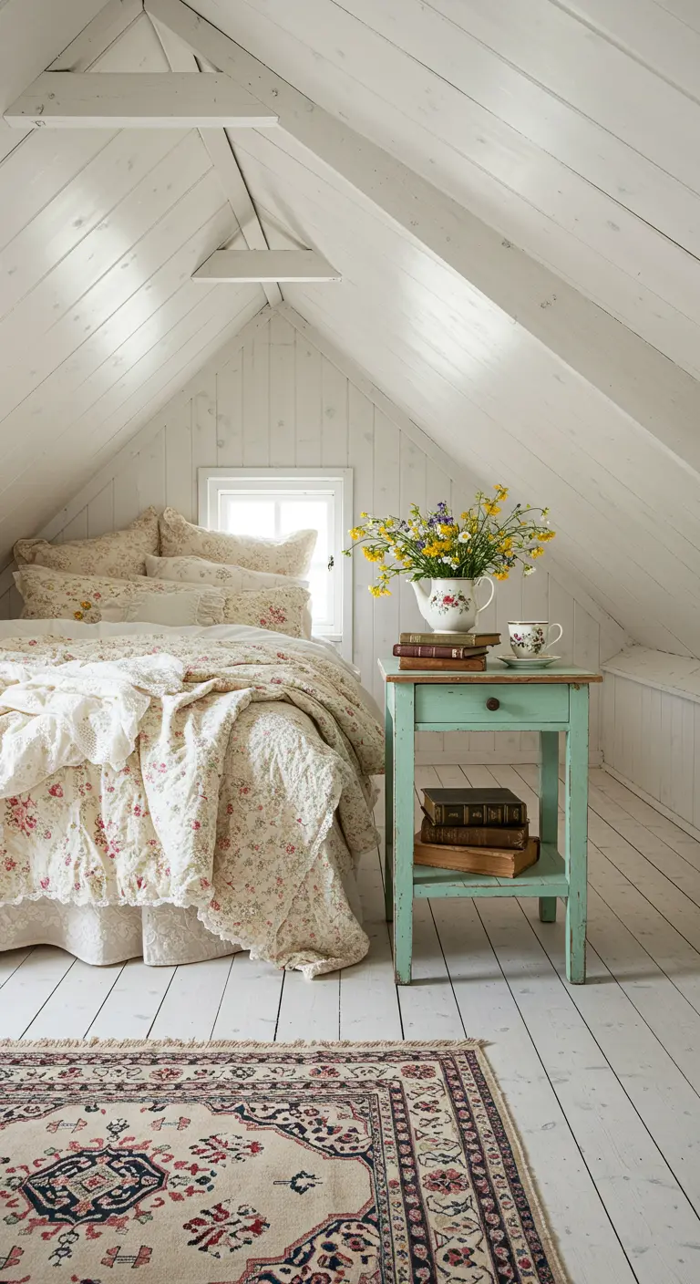 Cozy attic bedroom with white paneled walls, floral bedding, and a mint green side table.