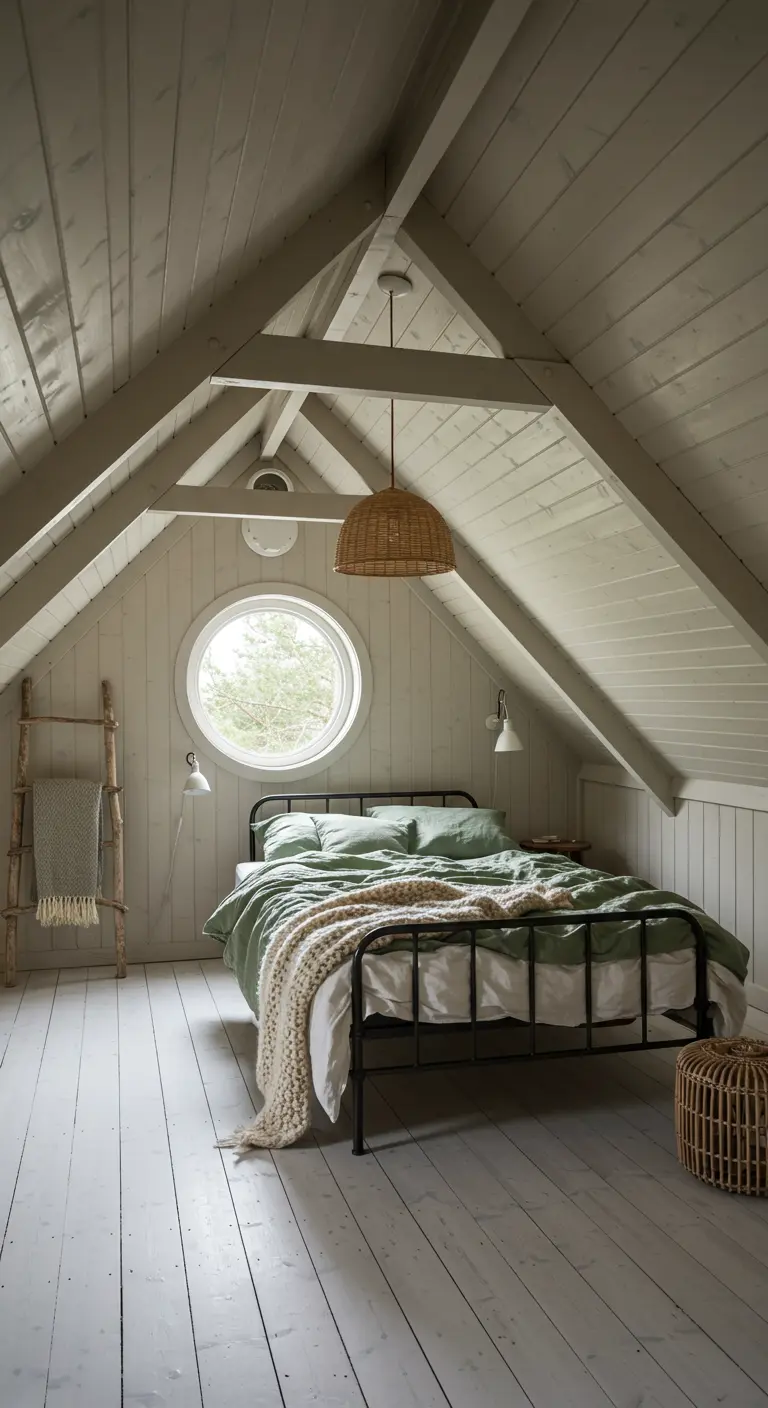 Attic bedroom with white-washed walls, a black metal bed, and sage green linens.