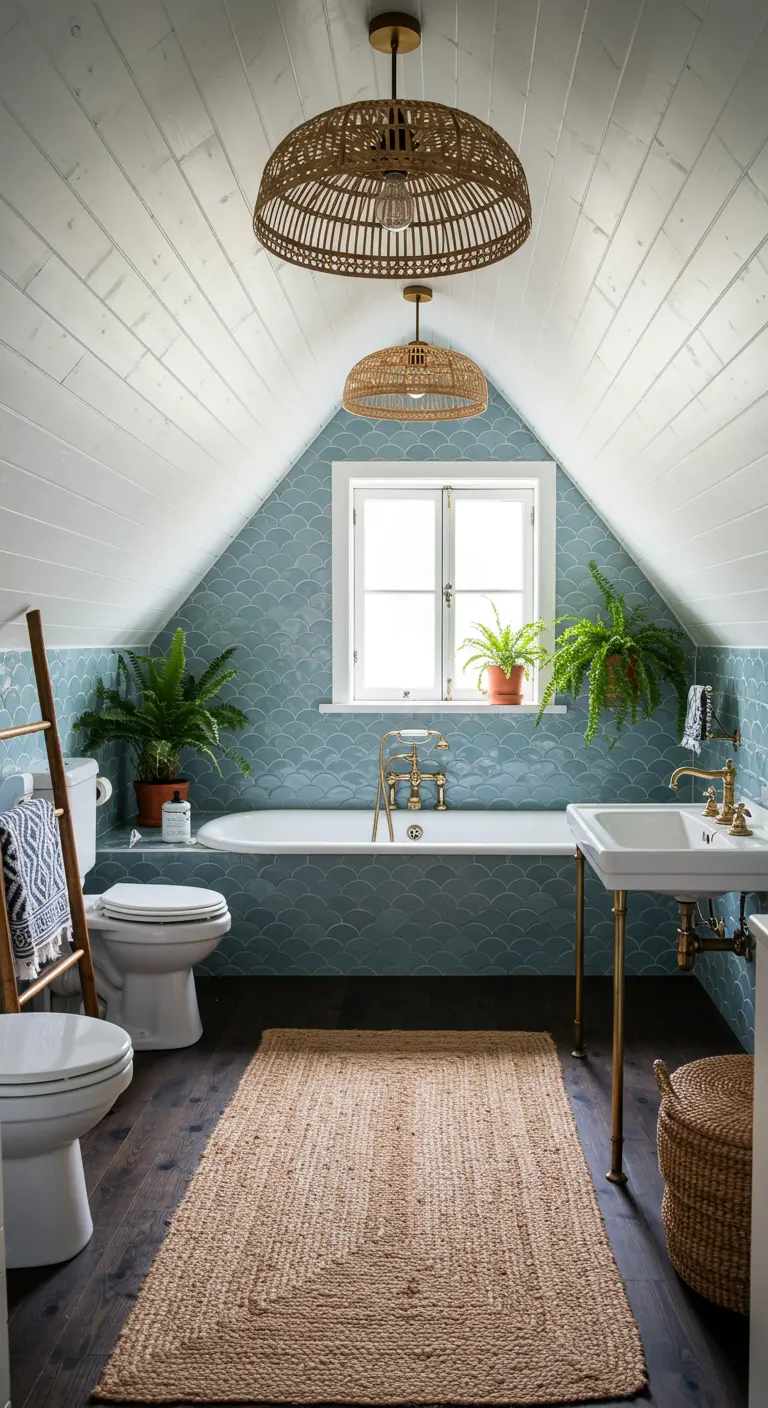 Attic bathroom with blue scalloped tiles and a jute runner.