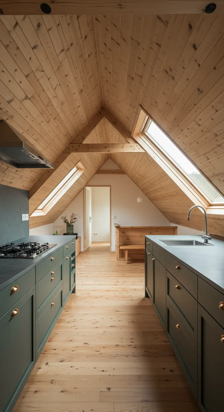 Attic kitchen with a vaulted pine ceiling and sage green base cabinets.