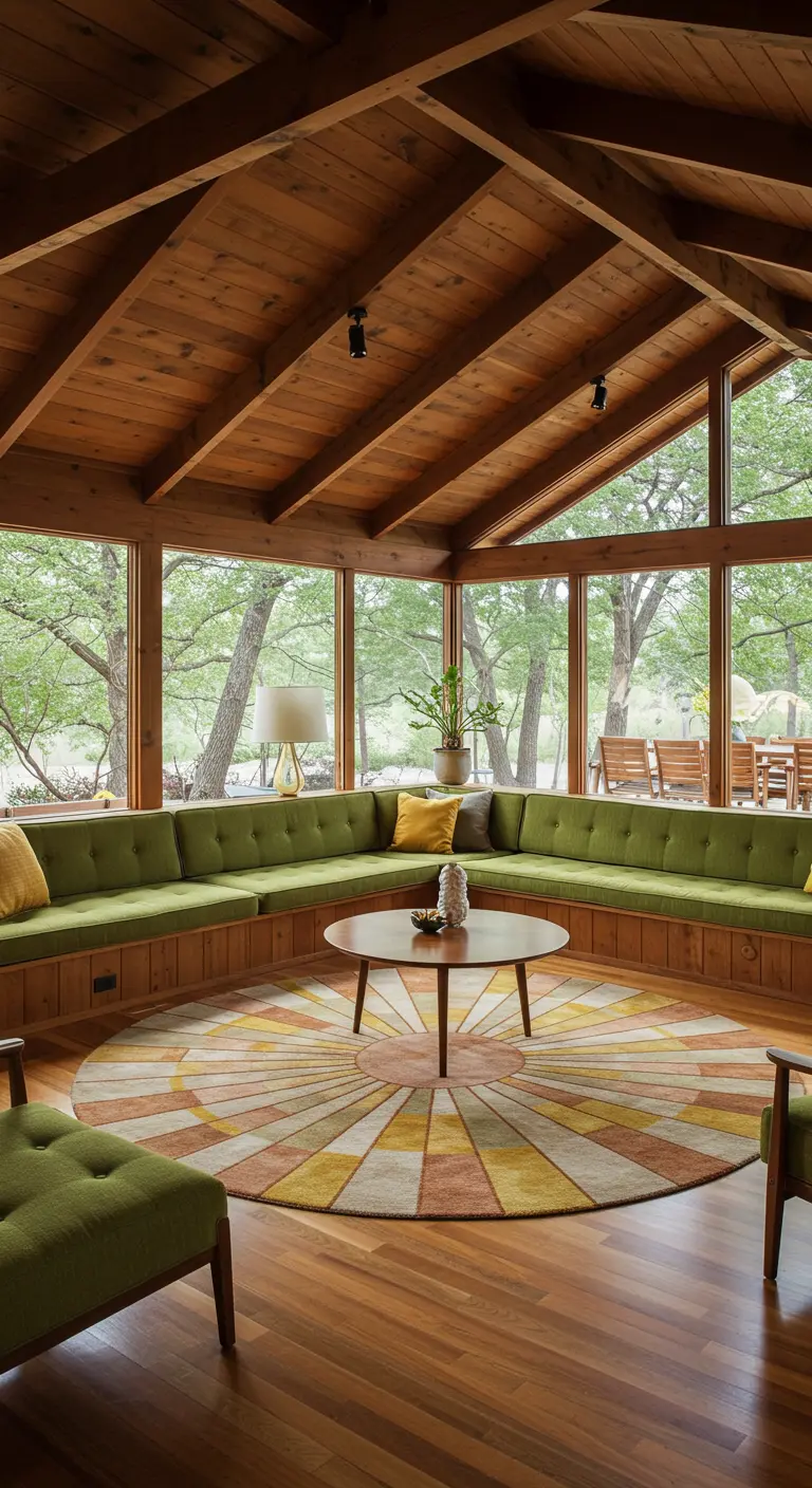 Sunken living room with a round green sofa, wood-paneled ceiling, and a sunburst rug.
