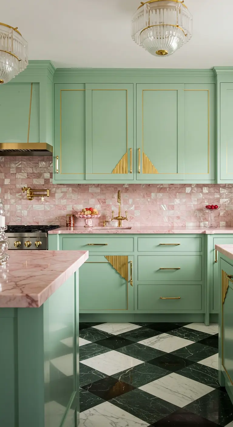 Luxe kitchen with mint cabinets, gold trim, pink mosaic tile, and a black-and-white marble floor.