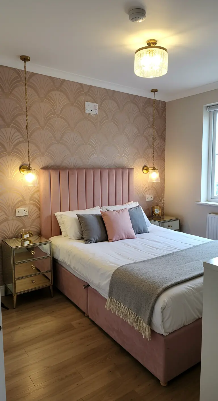 Art Deco bedroom with pink velvet headboard, fan wallpaper, and brass pendant lights.