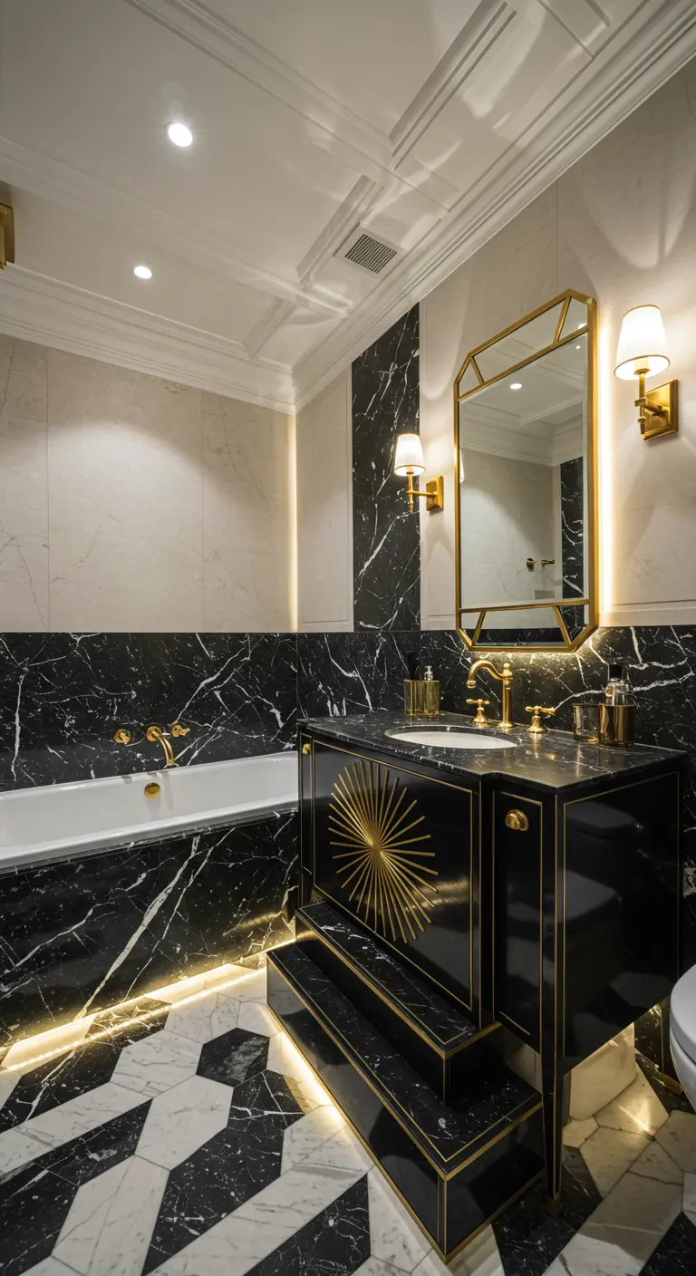 Art Deco bathroom with a black and gold vanity and geometric marble floor.