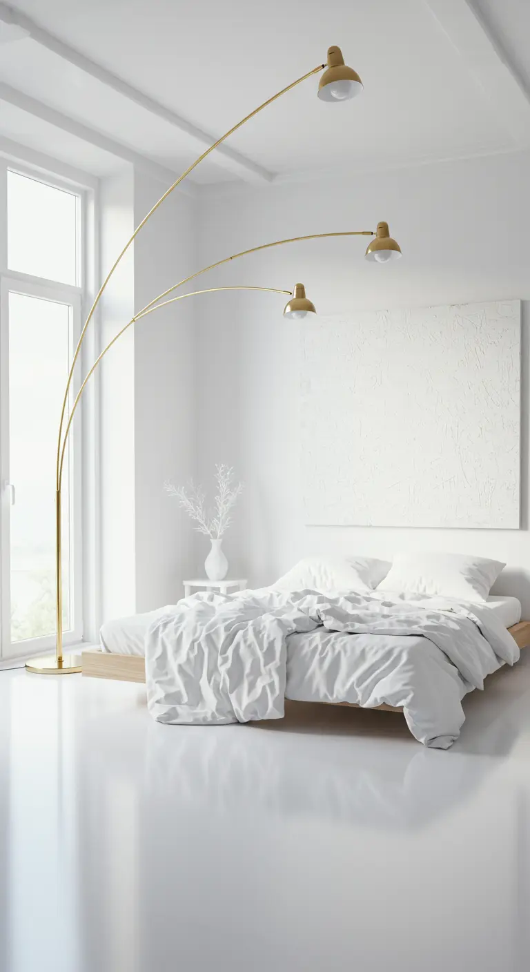 All-white bedroom with a large brass arc floor lamp arching over the bed.