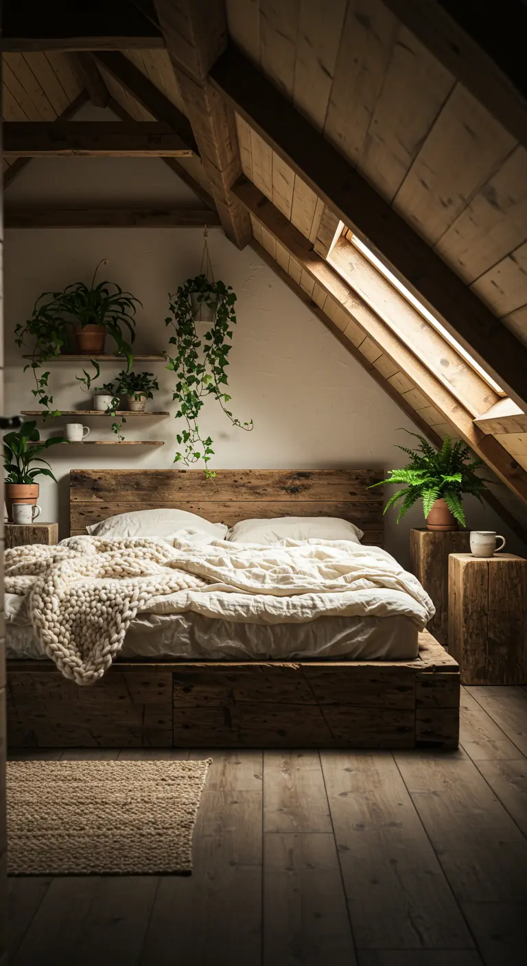 Rustic attic bedroom with a low reclaimed wood bed under a skylight and hanging plants.
