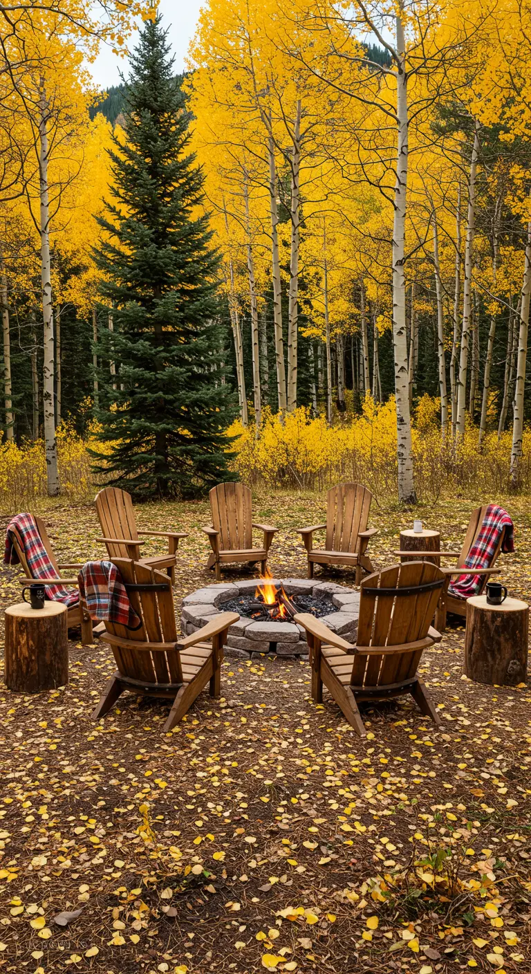A fire pit in an aspen grove with yellow leaves, with plaid blankets on the chairs.