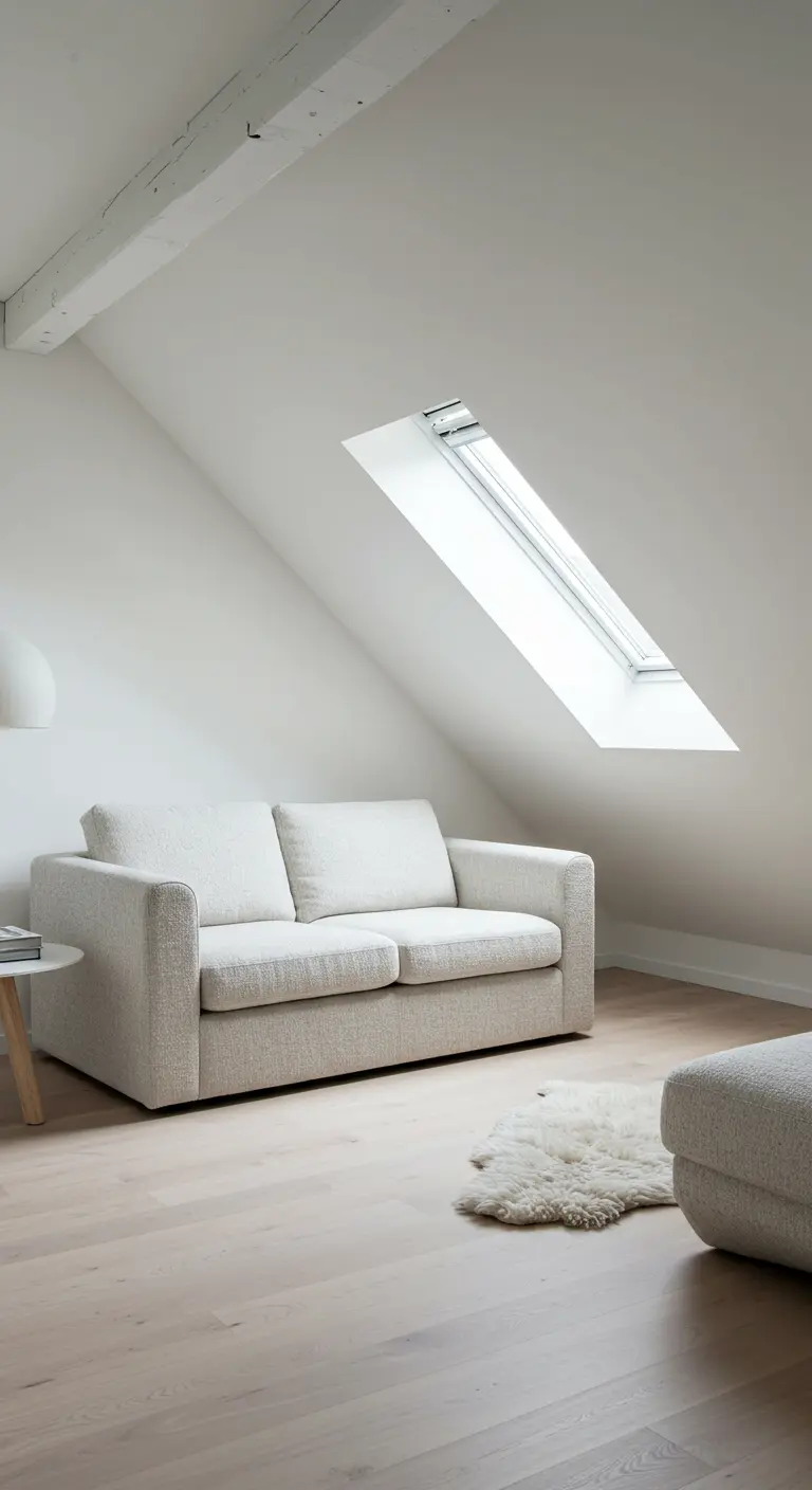 A low white sofa sits under a slanted ceiling with a skylight in a bright attic room.